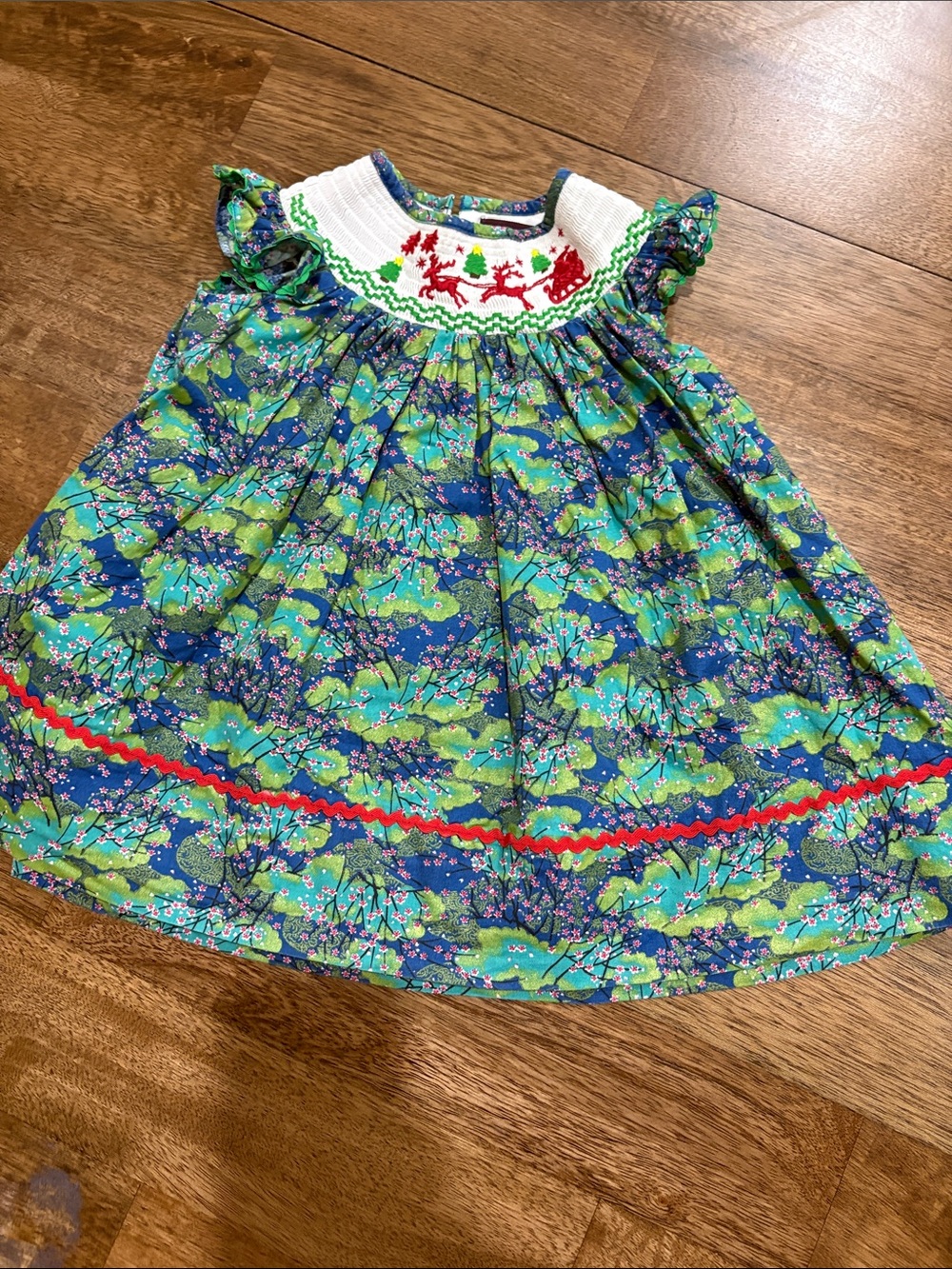 Lil Cactus Smocked Christmas Tree Dress 6-12 months. Embroidered Santa & Sleigh